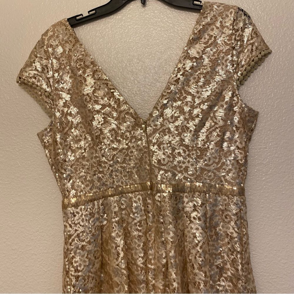 C. Luce Gold champagne all over Sequins formal Dress v neck cap sleeve NYE L - Picture 5 of 15